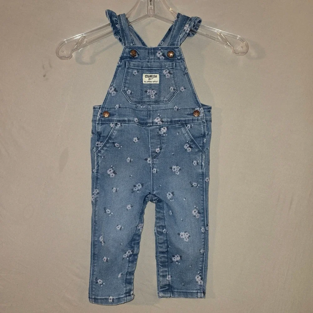 OshKosh B'gosh Overalls 12M Baby Girl Blue Floral Ruffle Strap Denim Bib